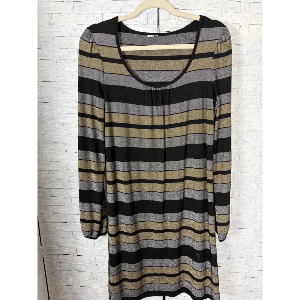 Three Dots Womens Dress‎ Metallic Striped Long Sleeve Knit Black Gold Silver Med
